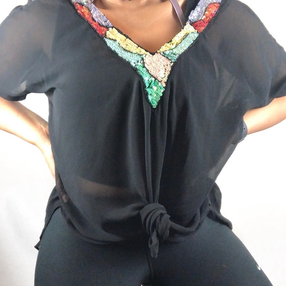 VTG Potter’s Pot • Sheer Sequin V-neck Blouse.
